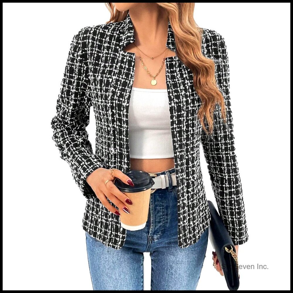 Tweed Plaid Blazer Slim Fit Fully Lined Open Front Work Office Coat